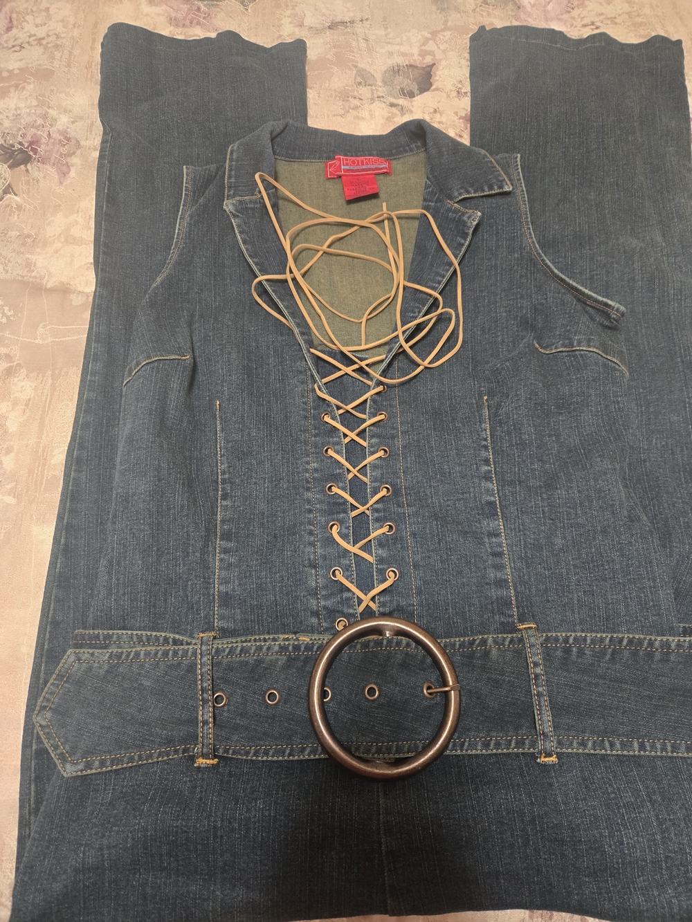 Hot Kiss Vintage-Inspired Women's Denim Jumpsuit with Lace-Up Front - Dark Blue